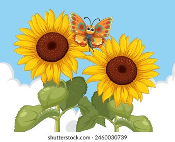 Colorful butterfly perched on vibrant sunflowers