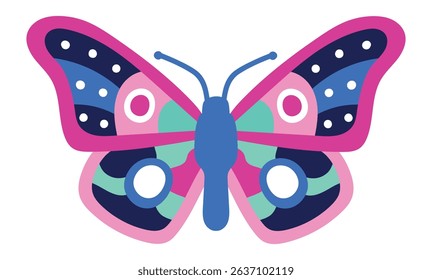 Colorful butterfly with pink, blue, and green patterns on its wings creates a visually appealing design, suitable for various creative projects