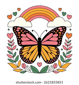 Colorful Butterfly with Rainbow and Floral Design
