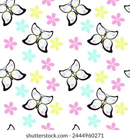 Colorful butterfly seamless pattern with abstract pastel flowers on white background. Vector illustration