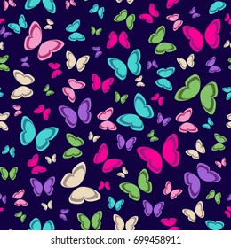 Colorful butterfly seamless pattern with different size on dark blue background.