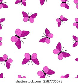 Colorful butterfly seamless pattern on a white background ideal for textile design and crafting projects featuring vibrant hues and playful shapes