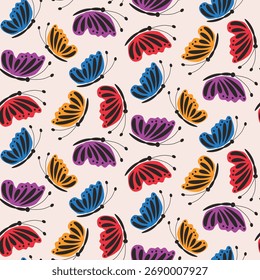Colorful butterfly seamless pattern in orange, red, pink and blue. For wallpaper, home décor , fabric and textile 