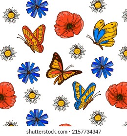 Colorful butterfly seamless pattern with poppies and chamomiles. Summer design. Hand drawn vector illustration