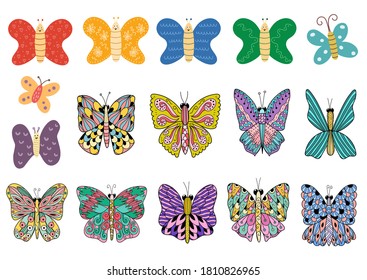 Colorful butterfly set. Funny insects isolated elements. Butterflies collection for in cartoon style. Vector illustration