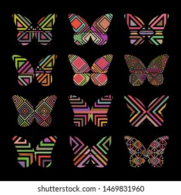 Colorful Butterfly set with geometric pattern. Vector logo, emblem design.
