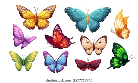 Colorful butterfly set on white background. Vector butterflies, winged insects. Isolated spring elements