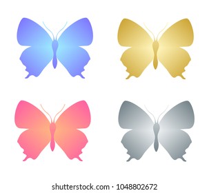 Colorful butterfly shape set on white background. Gold, silver, red and blue insect collection. Cute vector butterfly element set for tattoo, engraving, prints, textures, interior and design.