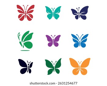 Colorful Butterfly Silhouettes Set Against White Background,  butterfly silhouettes in various vibrant colors (red, teal, dark blue, green, purple, dark teal, dark green, dark orange, navy blue). butt