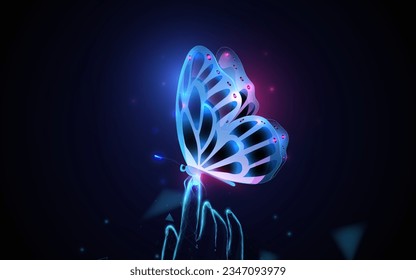 Colorful butterfly sitting on finger. Low polygonal and wireframe from dots and lines. Vector illustration