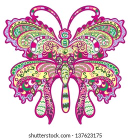 Colorful butterfly with swirling decorative ornament.