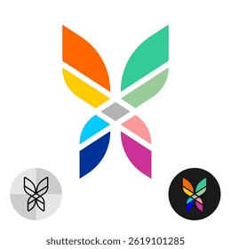 Colorful butterfly tech style logo with bright color filled wings and industrial or artistic theme design. Letter X symbol.