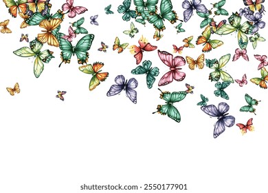 Colorida Ilustración vectorial de mariposa. Las mariposas vibrantes y caprichosas en varias poses agregan un toque alegre y animado a cualquier proyecto de diseño. Perfecto para obras de arte, fondos y papelería de los niños.