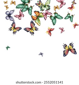 Colorida Ilustración vectorial de mariposa. Las mariposas vibrantes y caprichosas en varias poses agregan un toque alegre y animado a cualquier proyecto de diseño. Perfecto para obras de arte, fondos y papelería de los niños.