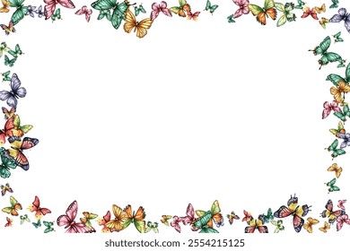 Colorful butterfly vector illustration. Vibrant, whimsical butterflies in various poses add a cheerful, lively touch to any design project. Perfect for children's artwork, backgrounds, and stationery.