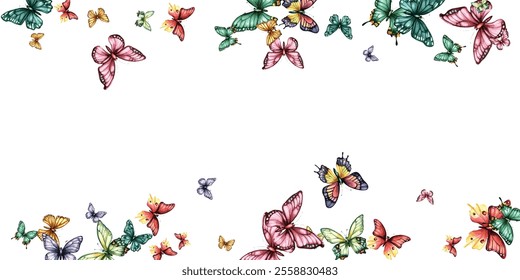 Colorful butterfly vector illustration. Vibrant, whimsical butterflies in various poses add a cheerful, lively touch to any design project. Perfect for children's artwork, backgrounds, and stationery.