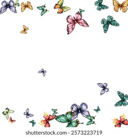 Colorful butterfly vector illustration. Vibrant, whimsical butterflies in various poses add a cheerful, lively touch to any design project. Perfect for children's artwork, backgrounds, and stationery.