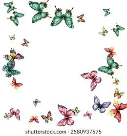 Colorful butterfly vector illustration. Vibrant, whimsical butterflies in various poses add a cheerful, lively touch to any design project. Perfect for children's artwork, backgrounds, and stationery.