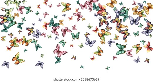 Colorful butterfly vector illustration. Vibrant, whimsical butterflies in various poses add a cheerful, lively touch to any design project. Perfect for children's artwork, backgrounds, and stationery.