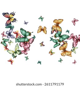 Colorful butterfly vector illustration. Vibrant, whimsical butterflies in various poses add a cheerful, lively touch to any design project. Perfect for children's artwork, backgrounds, and stationery.