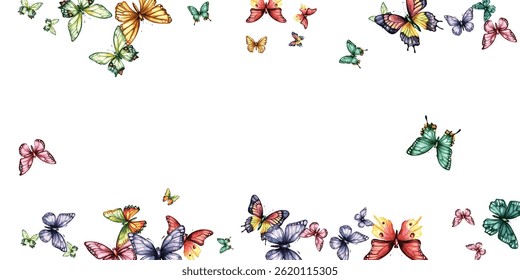 Colorful butterfly vector illustration. Vibrant, whimsical butterflies in various poses add a cheerful, lively touch to any design project. Perfect for children's artwork, backgrounds, and stationery.