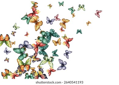 Colorful butterfly vector illustration. Vibrant, whimsical butterflies in various poses add a cheerful, lively touch to any design project. Perfect for children's artwork, backgrounds, and stationery.