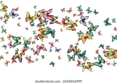 Colorful butterfly vector illustration. Vibrant, whimsical butterflies in various poses add a cheerful, lively touch to any design project. Perfect for children's artwork, backgrounds, and stationery.