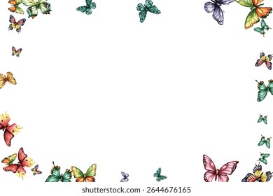 Colorful butterfly vector illustration. Vibrant, whimsical butterflies in various poses add a cheerful, lively touch to any design project. Perfect for children's artwork, backgrounds, and stationery.