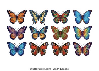 Colorful Butterfly Vector Set with Monarch Swallowtail and Peacock Butterflies