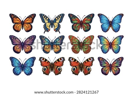 Colorful Butterfly Vector Set with Monarch Swallowtail and Peacock Butterflies