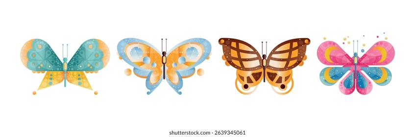 Colorful Butterfly with Wings and Antenna Vector Set
