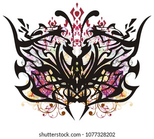 Colorful butterfly wings with floral elements. Grunge abstract fantastic butterfly with color splashes and ornate animal elements