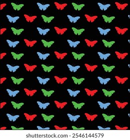colorful butterfly's pattern design on black background. red_blue and green color butterfly's combination pattern.   