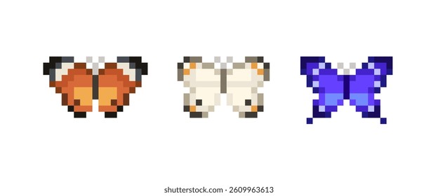 Colorful Butterflys Pixel Art collection on white background. Butterflys set in 8-bit retro pixel graphis. Editable vector