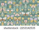 COLORFUL BUTTERTFLY, MOTH, CRITTERS, BEETLE, LEAVES, FLORA AND FAUNA NATURE SEAMLESS PATTERN IN EDITABLE FILE