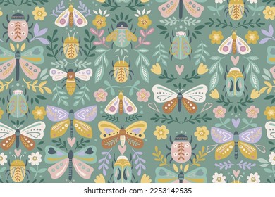 COLORFUL BUTTERTFLY, MOTH, CRITTERS, BEETLE, LEAVES, FLORA AND FAUNA NATURE SEAMLESS PATTERN IN EDITABLE FILE