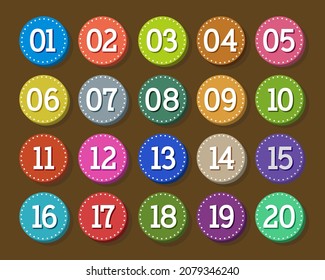 Colorful button flat numbers. From one to Twenty. Brown background.