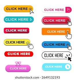 Colorful “Click Here” Button Icons Set – Modern UI Web Elements for Websites and Apps