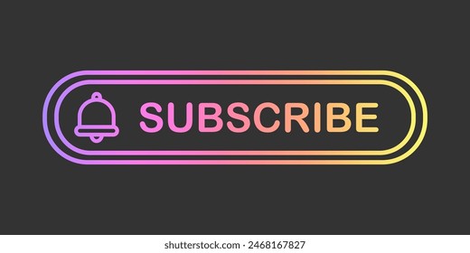 Colorful Button on Dark Background, Social Media Call-To-Action Sticker. Gradient element in contour line style with the inscription subscribe and bell icon. Web, blogging.