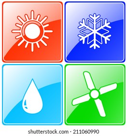 colorful button set for conditioning service with drop, sun, snowflake and fan