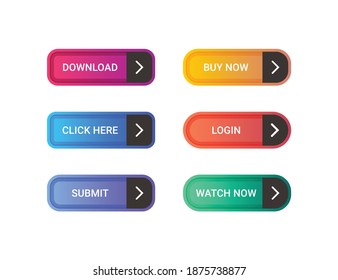 Colorful button set on white background. Gradient web and mobile action button collection. Navigation buttons. 
Read More, Submit, Click Here, Buy Now, Login, Watch now, Download buttons. 