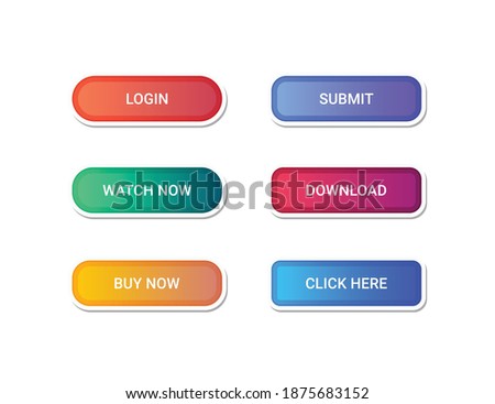 Colorful button set on white background. Gradient web and mobile action button collection. Navigation buttons. 
Read More, Submit, Click Here, Buy Now, Login, Watch now, Download buttons. 