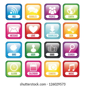 colorful buttons app with name, app store. vector illustration