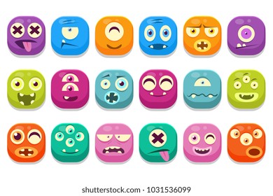 Colorful buttons emoticons sett with different emotions vector Illustrations, funny emoji monsters characters for site, animation, websites, messages, chats, video