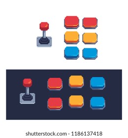 Colorful buttons and joysticks set for Arcade Machine. Pixel art icon isolated vector illustration.  Design for web, logo, game development.