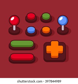 Colorful Buttons and Joysticks Set for Arcade Machine. Vector