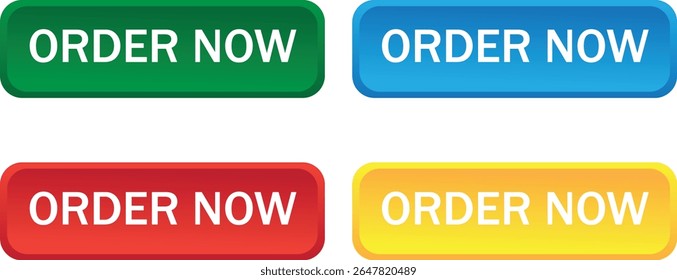 Colorful “Order Now” buttons in red, green, blue, and yellow for website, ecommerce, and app interface use. Vector design with bold text and rounded shape. Ideal for call-to-action visuals.
