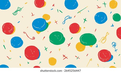 Colorful buttons scatter randomly across cream background providing artistic pattern detail