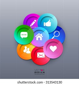 Colorful buttons with social and internet vector icons.
