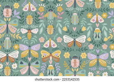 COLORFUL BUTTRTFLY, MOTH, CRITTERS, BEEETLE, LEAVES AND FLORA AND FAUNA NATURE SEAMLESS PATTERN IN EDITABLE FILE